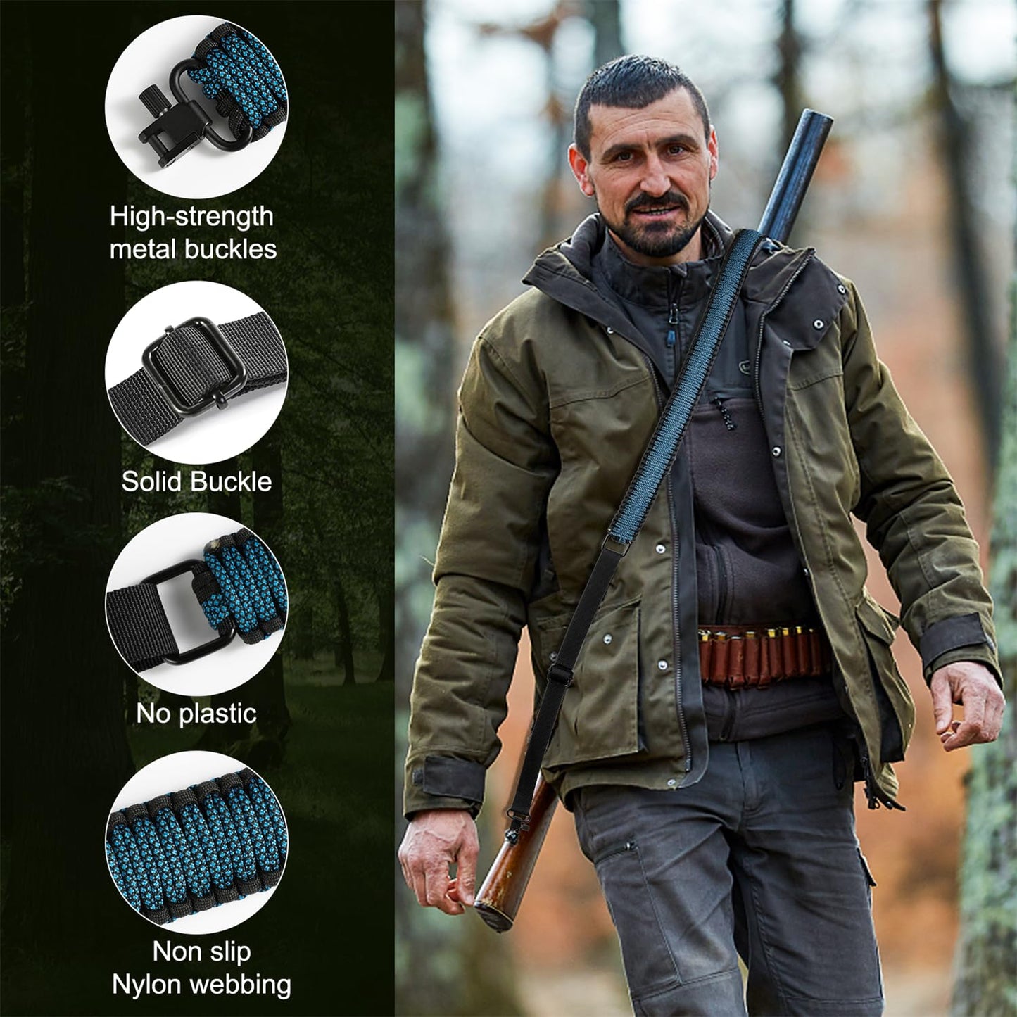 DDOUT 2 Point Rifle Sling, 550 Paracord Gun Sling for Rifle with Tri-Lock Swivels and Quick Adjustable Length Strap for Shooting, Hunting and Range