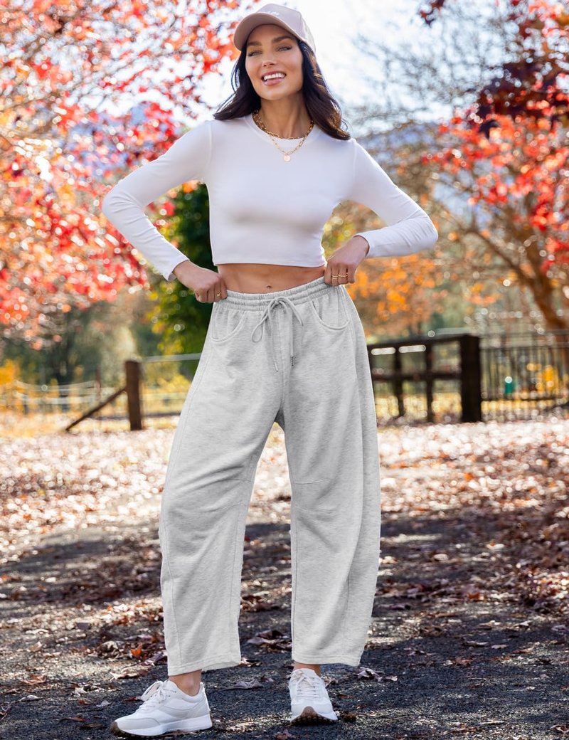 TARSE Women's Barrel Leg Sweatpant Drawstring Elastic Waisted Wide Leg Pants Casual Cotton Palazzo Trousers with Pockets, HeatherApricot M