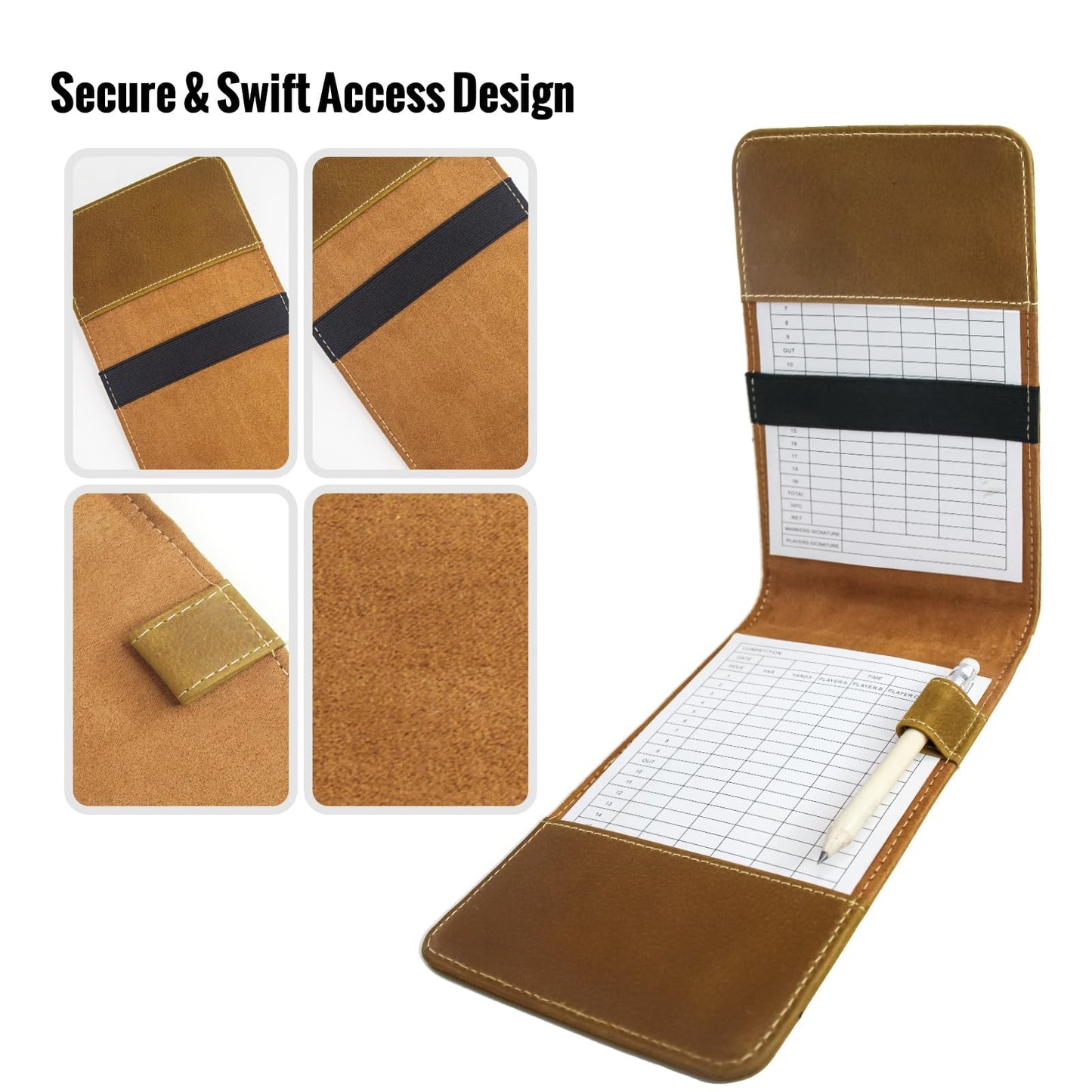 Real Leather Golf Scorecard Holder: USA Genuine Crazy Horse Leather Golf Yardage Book Cover with 4 Scorecard 1 Pencil - Golf Notebook Back Pocket Cool Golf Gifts for Father Him Golfers Men Dad