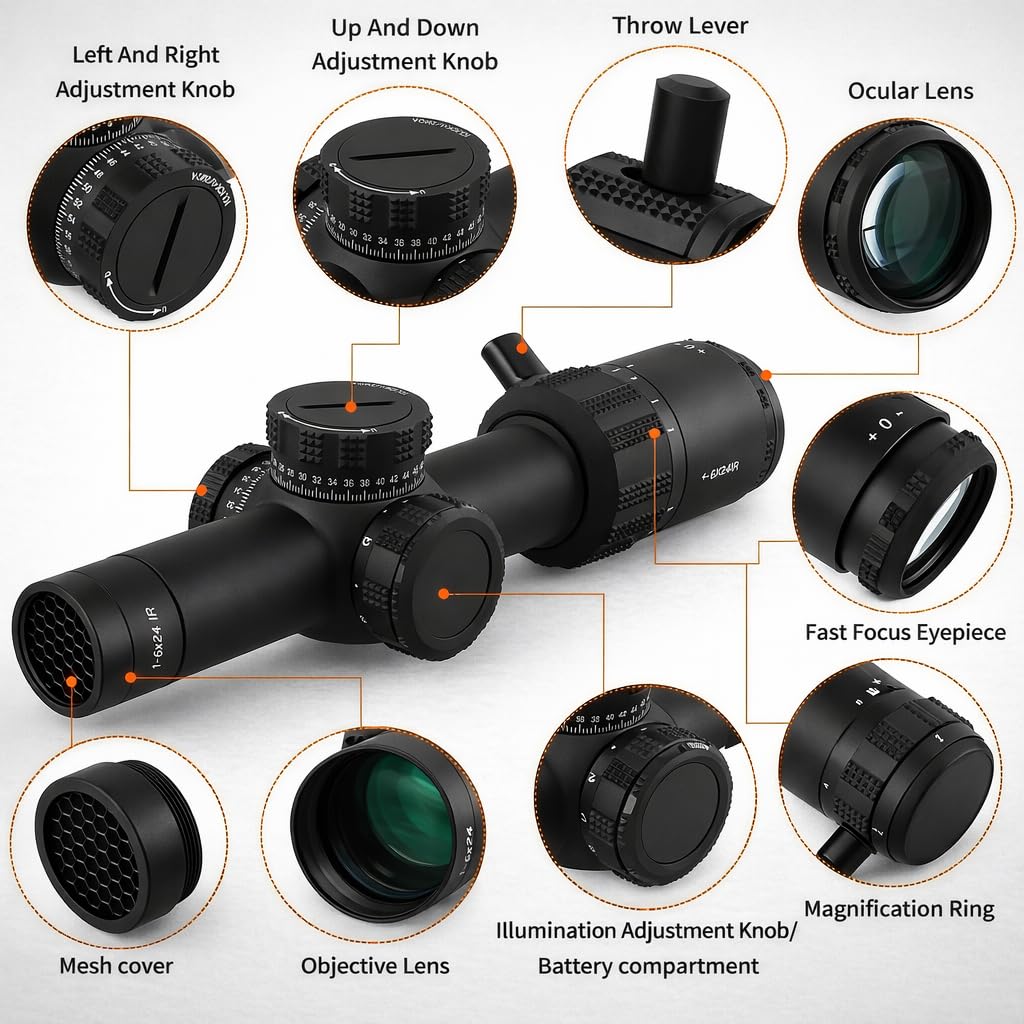 1-6x24 SFP LPVO Compact Scope Mesh Sunshade Cover Zoom Lever 30mm Tube 1200G's Shock Resistant 1/2 MOA Reticle Click Red Ill 6 Levels & Adjustable Scope Mount 30mm or 1 Inch Up to 1.65"" Offset Rings