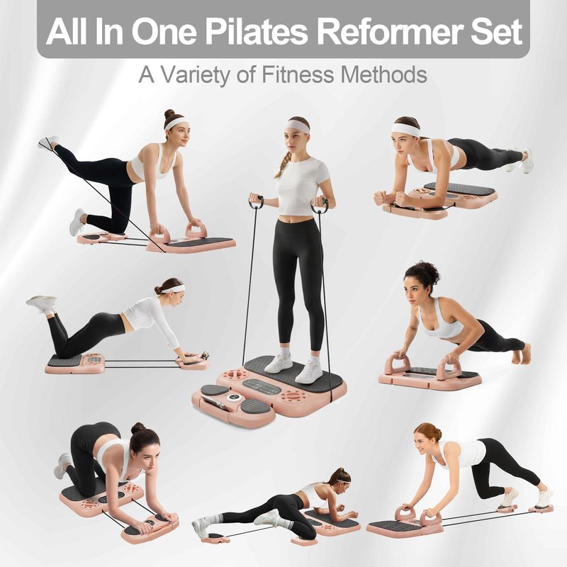 Multifuncional Pilates Board & Push Up System with Timer, Ab Wheel & Core Sliders, Portable Home Gym Kit with Resistance Ropes & Plank Support, Full Body Workout for Women & Men (Simulates Reformer)