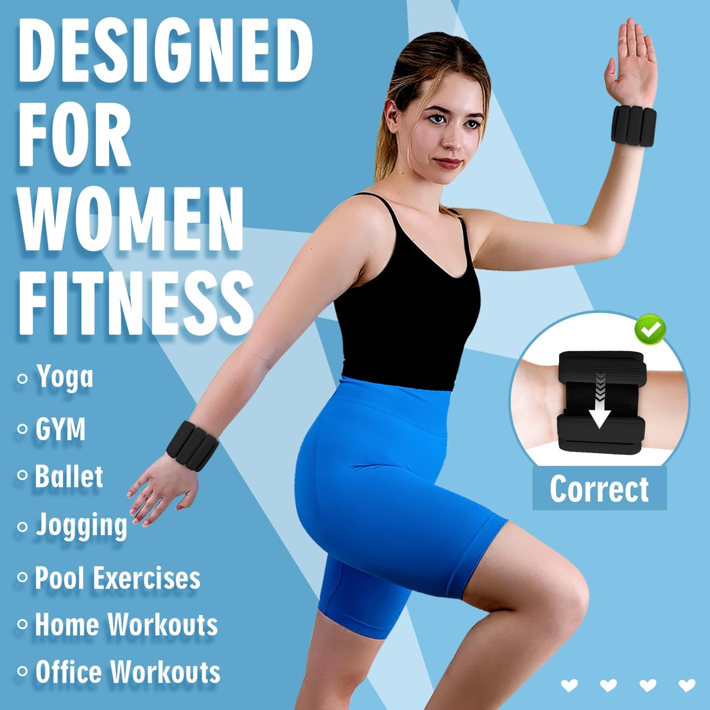 Wrist Weights Set of 2(1Lbs Each), Wearable Wrist Ankle Weights for Women & Men, Adjustable Arm & Leg Weights for Walking, Yoga, Swimming, Gym (Black)