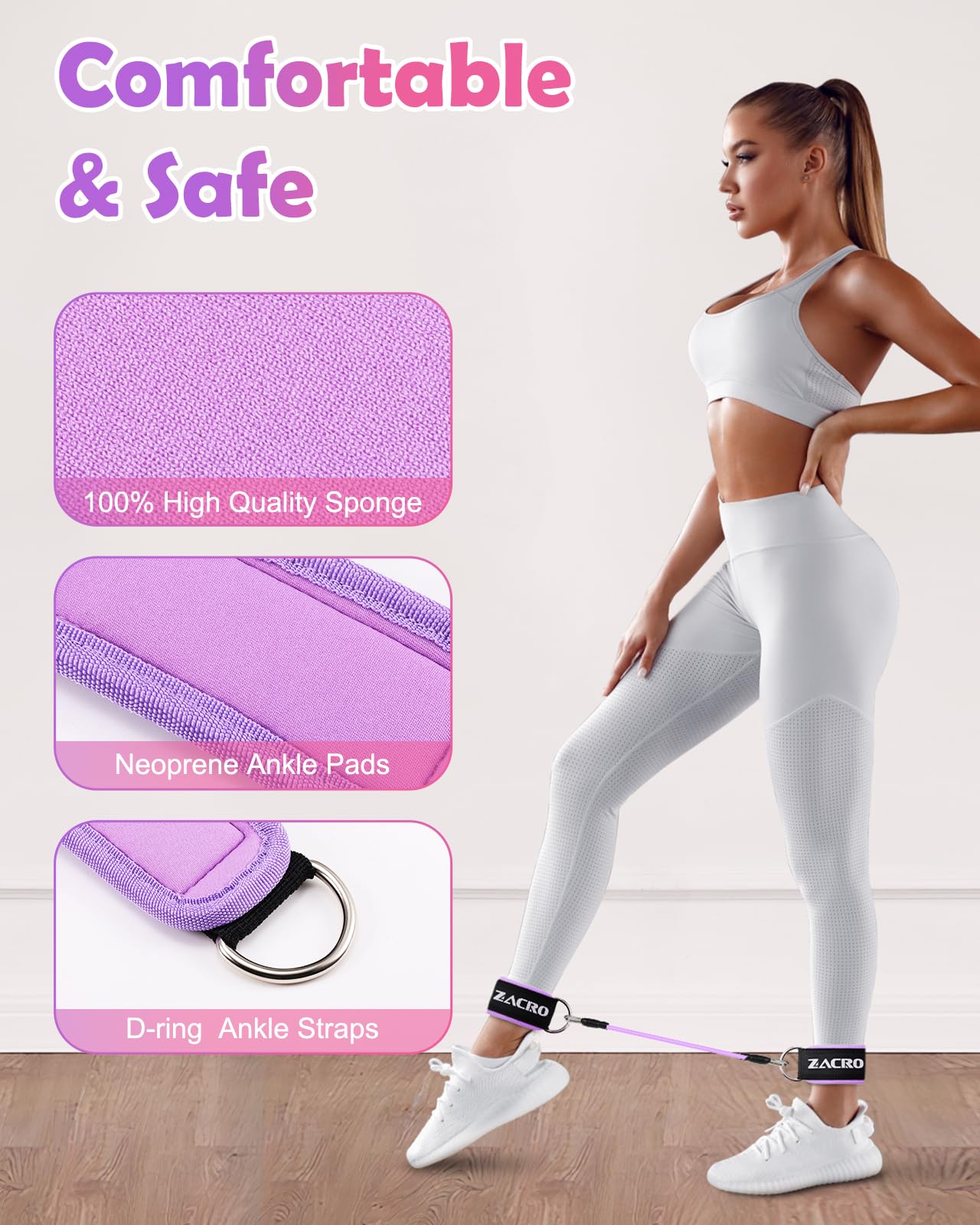 Zacro Ankle Resistance Bands with Cuffs, Ankle Bands for Working out, Ankle Bands for Home Workouts & Gym Glutes Workout Equipment Legs Resistance Bands for Women, Butt Exercise for Kickbacks (Purple)