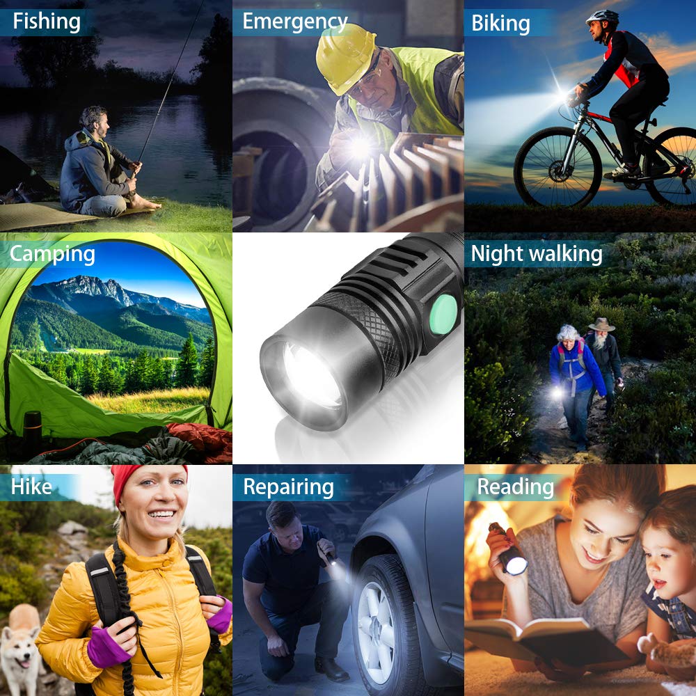 Vnina Flashlights USB Rechargeable, Tactical Led Flashlight, 4 Models, Zoomable, Waterproof, High Lumens Flashlight with Clip for Camping, Hiking and Outdoor