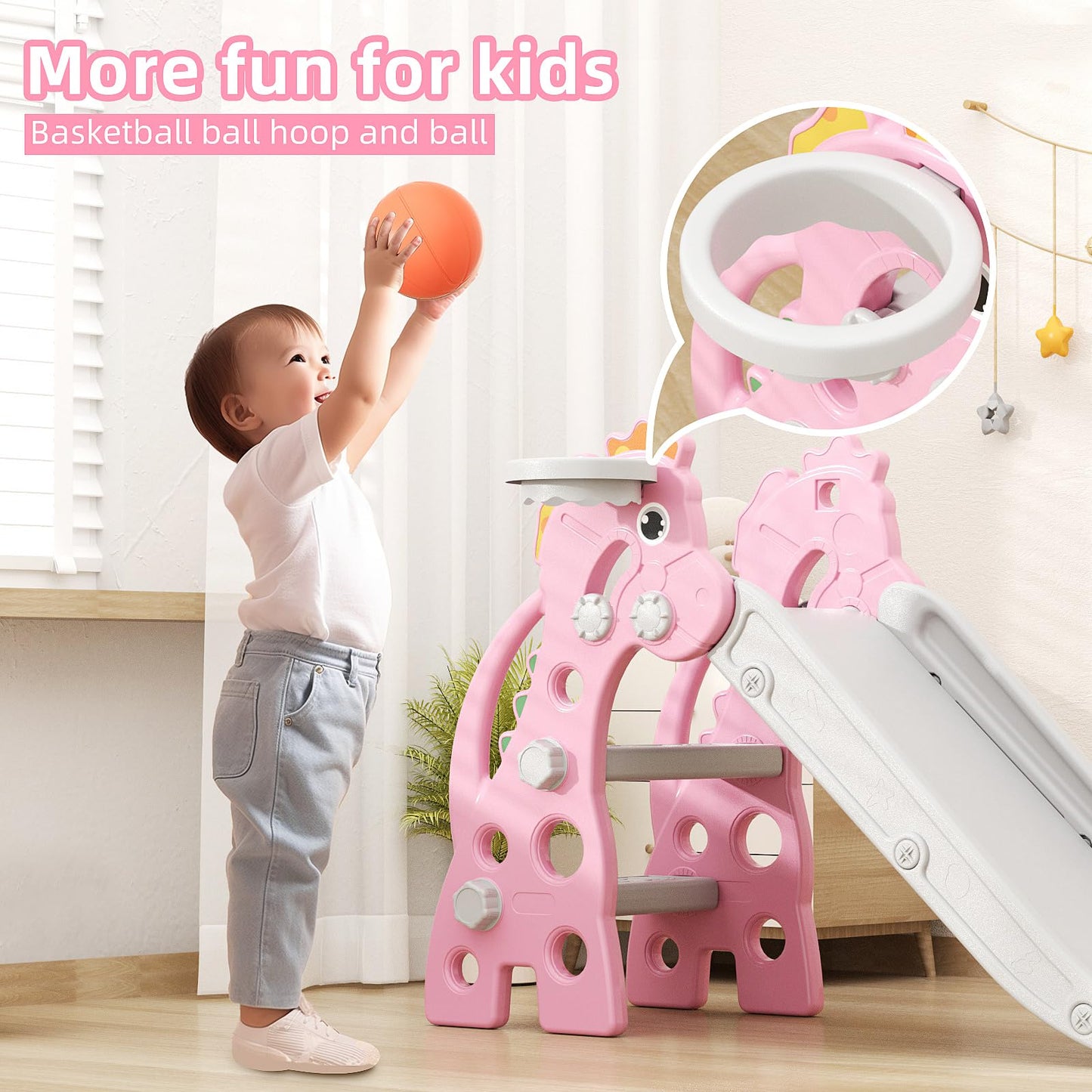 67i 3 in 1 Toddler Slide - 46.8 Inch Long Slide, 10-Min Easy Assembly, Foldable Anti-Tip Stable, Small Indoor Mini Slide for Toddlers 1-3, Baby Inside Slide Resbaladilla Indoor Outdoor Gift (Pink)