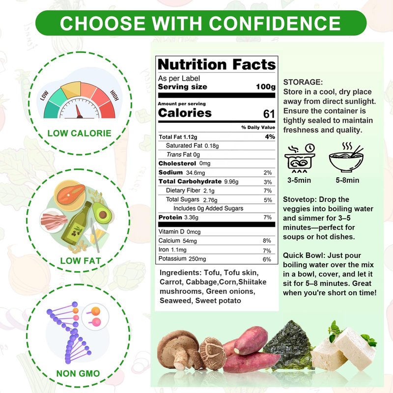 15oz Dehydrated Ramen Toppings Mix with Freeze-Dried Tofu – 9 Dried Veggies Including Seaweed, Cabbage, Corn – High Protein, Low Calorie, All-Natural Ramen Mix – Emergency Food & Camping Meal