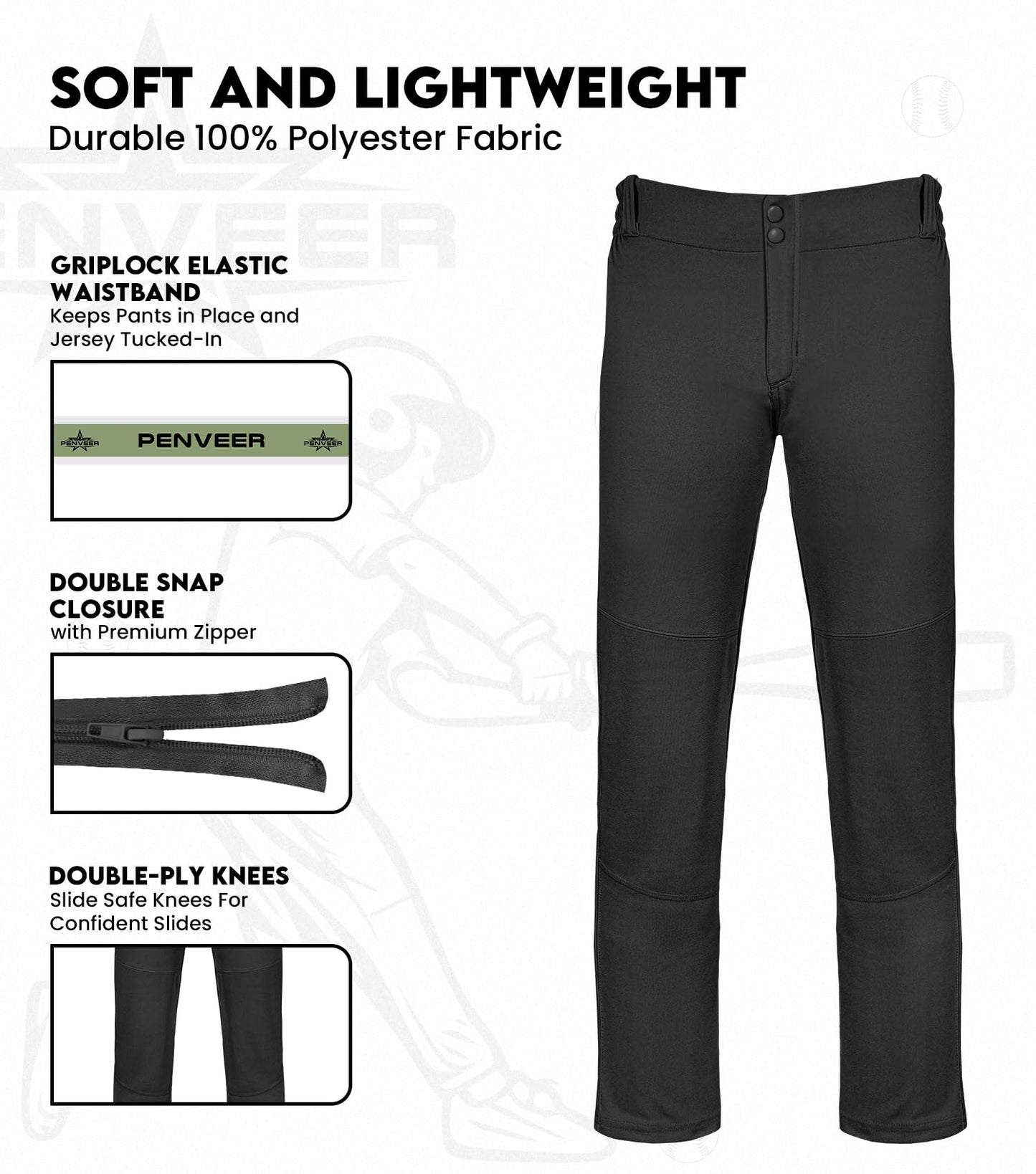 Penveer Youth Baseball Pants, Full Length Open Bottom Boys Baseball Pants with Durable Snap, Softball Pants, T Ball Pants (Black, YXS)