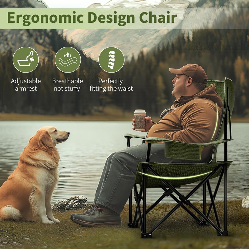Heavy Duty Folding Chair 500LB Capacity, Oversized Camping Chairs with Cup Holder, Cooler Bag & Storage Pouch, Outdoor Chairs for Sports, Lawn Chairs , Fishing, Beach (2, Black Green, Oversized)