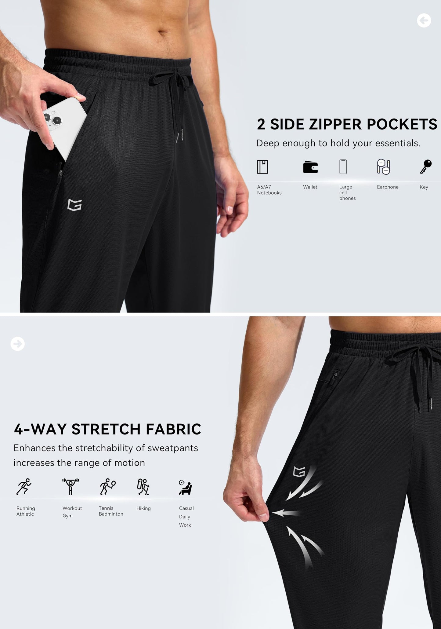 G Gradual Men's Sweatpants with Zipper Pockets Lightweight Mesh Athletic Pants for Men Open Bottom Workout Gym Running Black