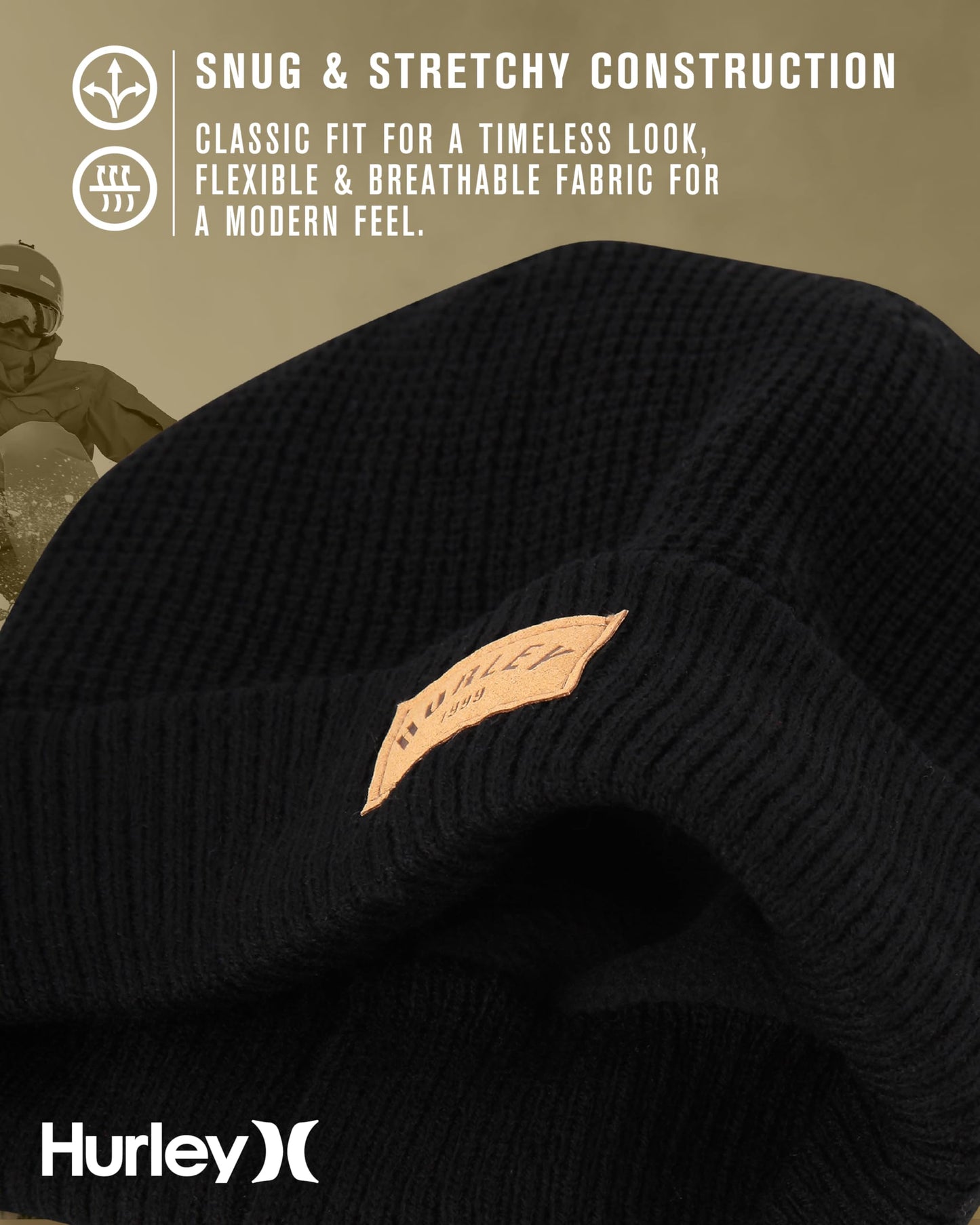 Hurley Womens Beanie Hat - Fleece Lined Ribbed Knit Winter Hats for Women Medium Fit Acrylic Beanies for Fall Snow Ski, Oatmeal