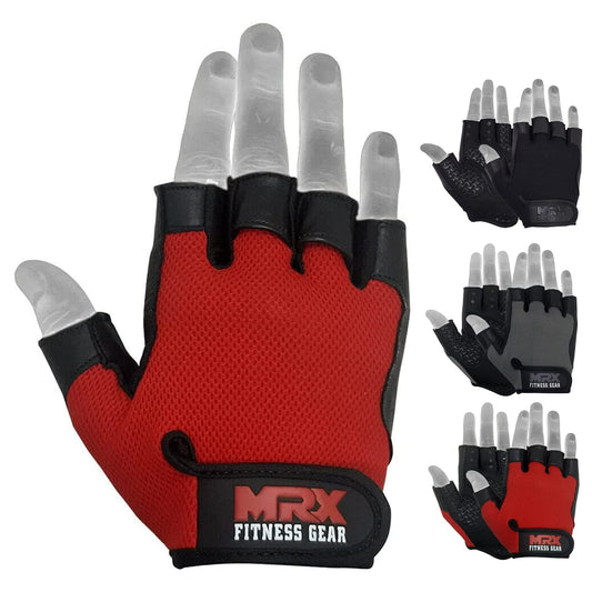 Weightlifting Gloves Leather Palm Grip Half Finger Body Building Gym Glove for Exercise Training Fitness Workout Men Women Lifts Made Spandex Materials, Red, Medium