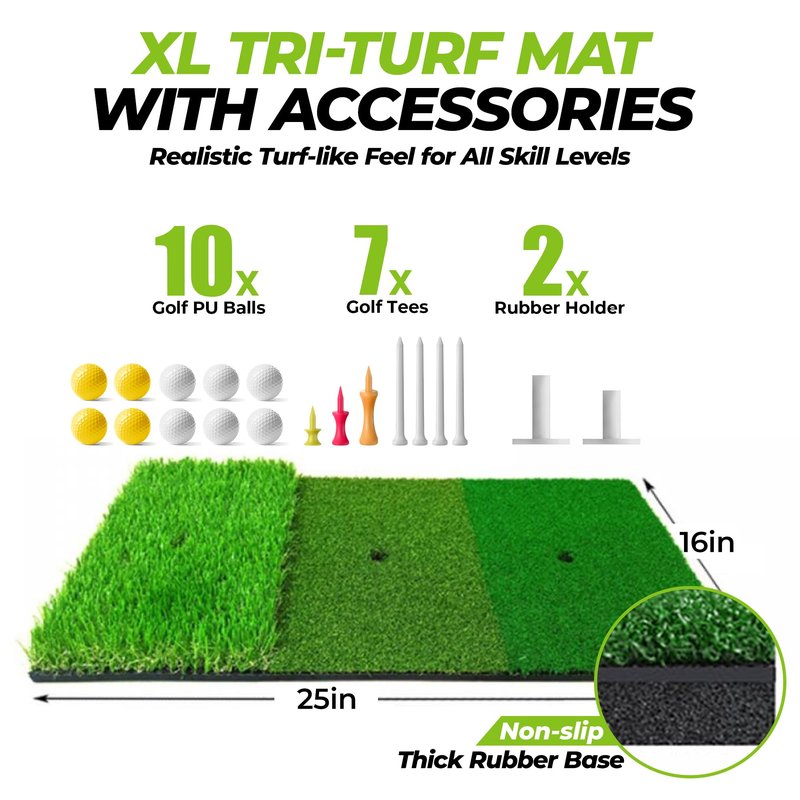 Golfguru All in 1 Golf Practice Net - 10x7ft Tri-Turf Mat, Impact Target, 10 Balls, 7 Tees, Carry Bag, Golf Net for Backyard Driving Chipping Indoor