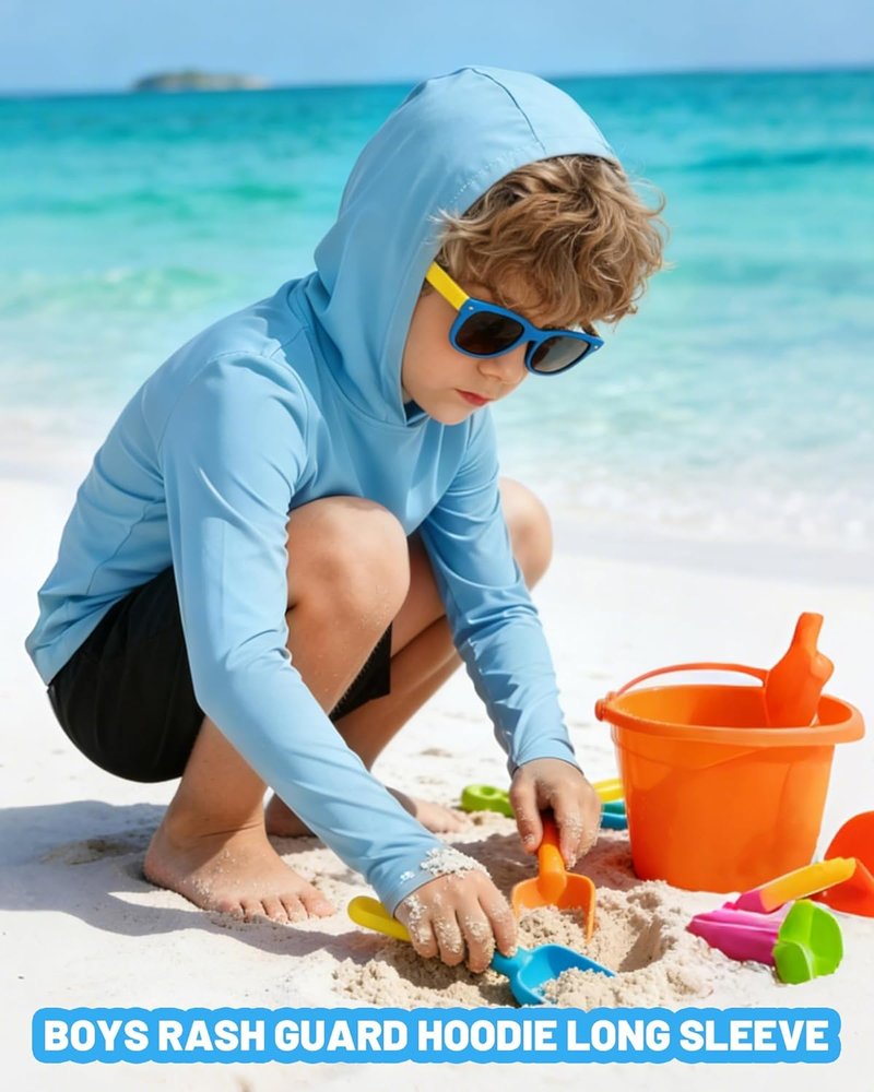 Boys Rash Guard Hoodie - UPF 50+ Long Sleeve Swim Shirt for UV Sun Protection | Perfect for Fishing & Beach Activities
