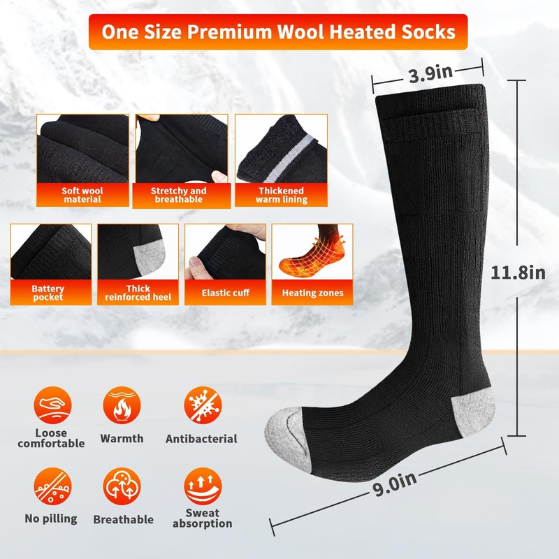 Orznez Heated Socks for Men Women,Rechargeable Heated Socks 3 Heating Levels with 4000mAh*2 Battery,Electric Socks Thermal Foot Warmer Socks for Winter Outdoor Sports, Camping, Hunting, Hiking