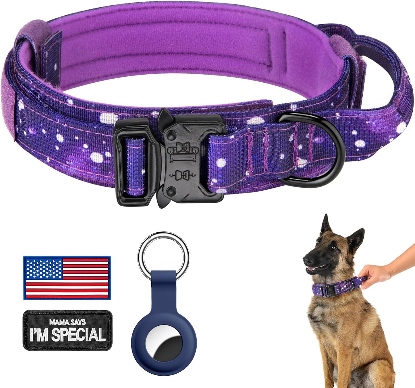 Tactical Dog Collar - Adjustable Military Nylon with Control Handle & Heavy Metal Buckle | Large Purple Sky