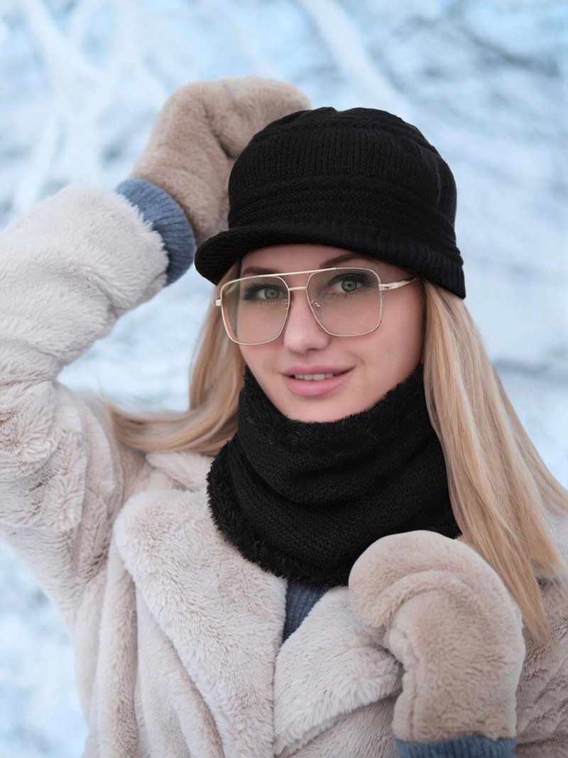 6 Pcs/3 Set Winter Hats with Brim for Women Neck Warmer Set Knit Beanie Hat Soft Warm Neck Scarf Stylish Skull Cap for Women(Red, Gray, Black)