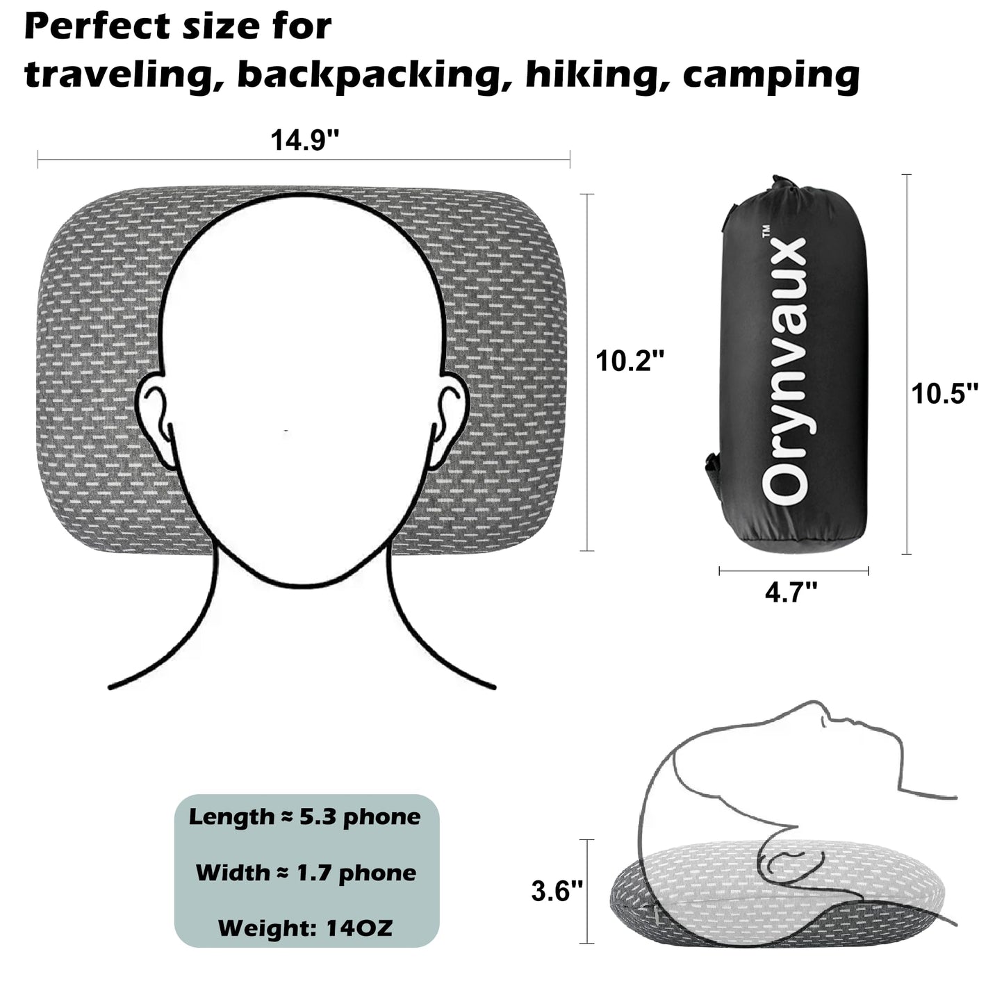 Orynvaux Memory Foam Camping Pillow - Lightweight & Portable Small Travel Pillow for Airplane & Train Travel, Camping, Backpacking, Removable Washable Cover, Easy to Clean, Includes Storage Bag