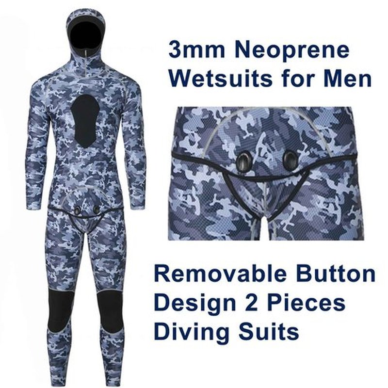 NVKIC Mens Wetsuit 3mm Neoprene Stretch Camouflage Printing Snorkeling 2-Pieces Hooded Diving Suits Blue Color XXL