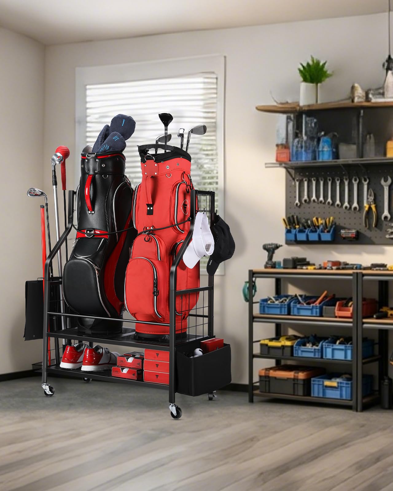 FHXZH Golf Bag Storage Garage Organizer - Golf Bag Stand Fit for 2 Bag, Extra Clubs, Balls, Shoes, and Golf Equipment Accessories, Golf Storage Rack for Garage, Club, Shed (2 Golf Bag Rack)