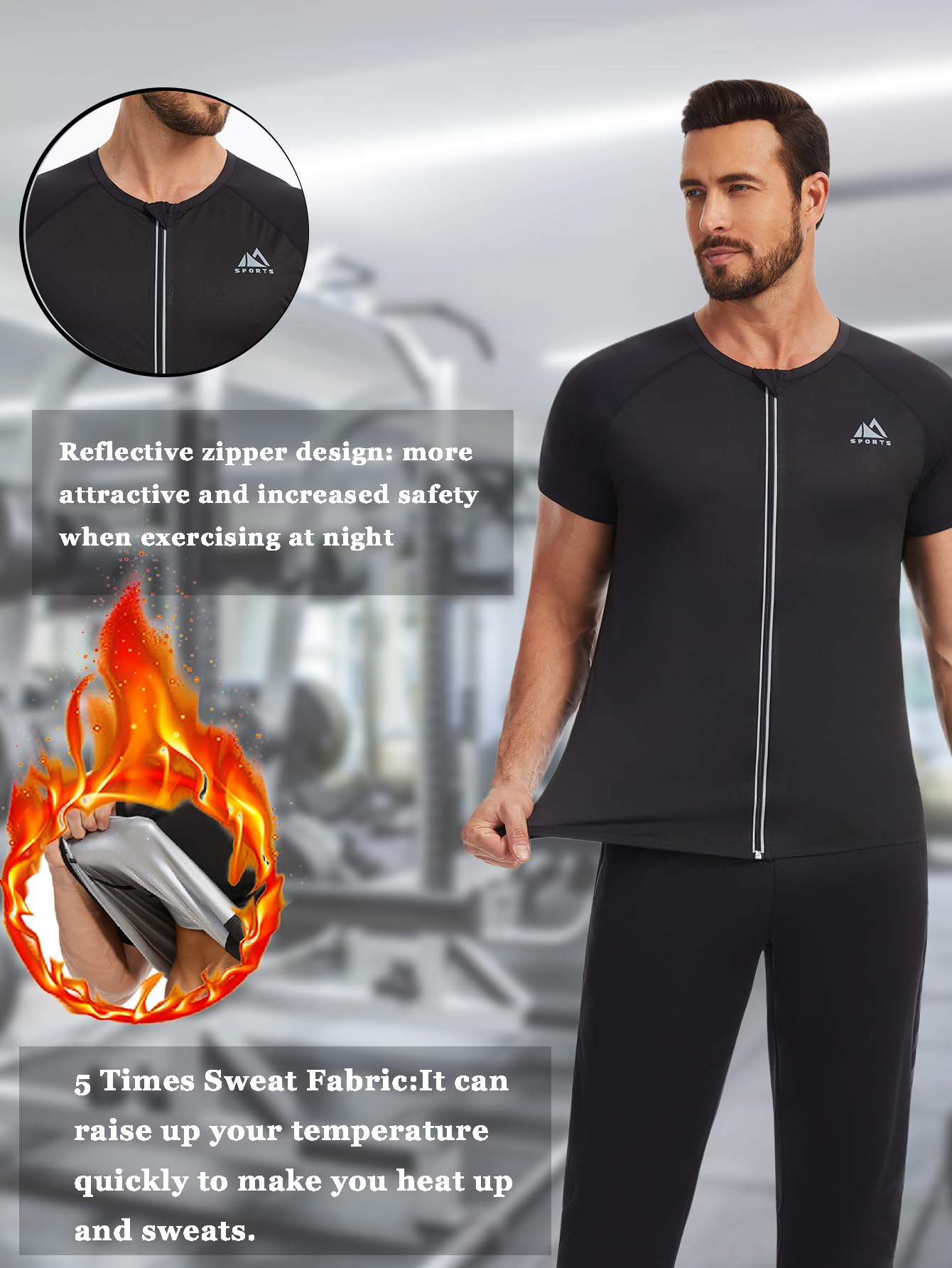 Sauna Shirt for Men Sauna Suit Short Sleeve Sweat Shirt Zipper T-Shirt