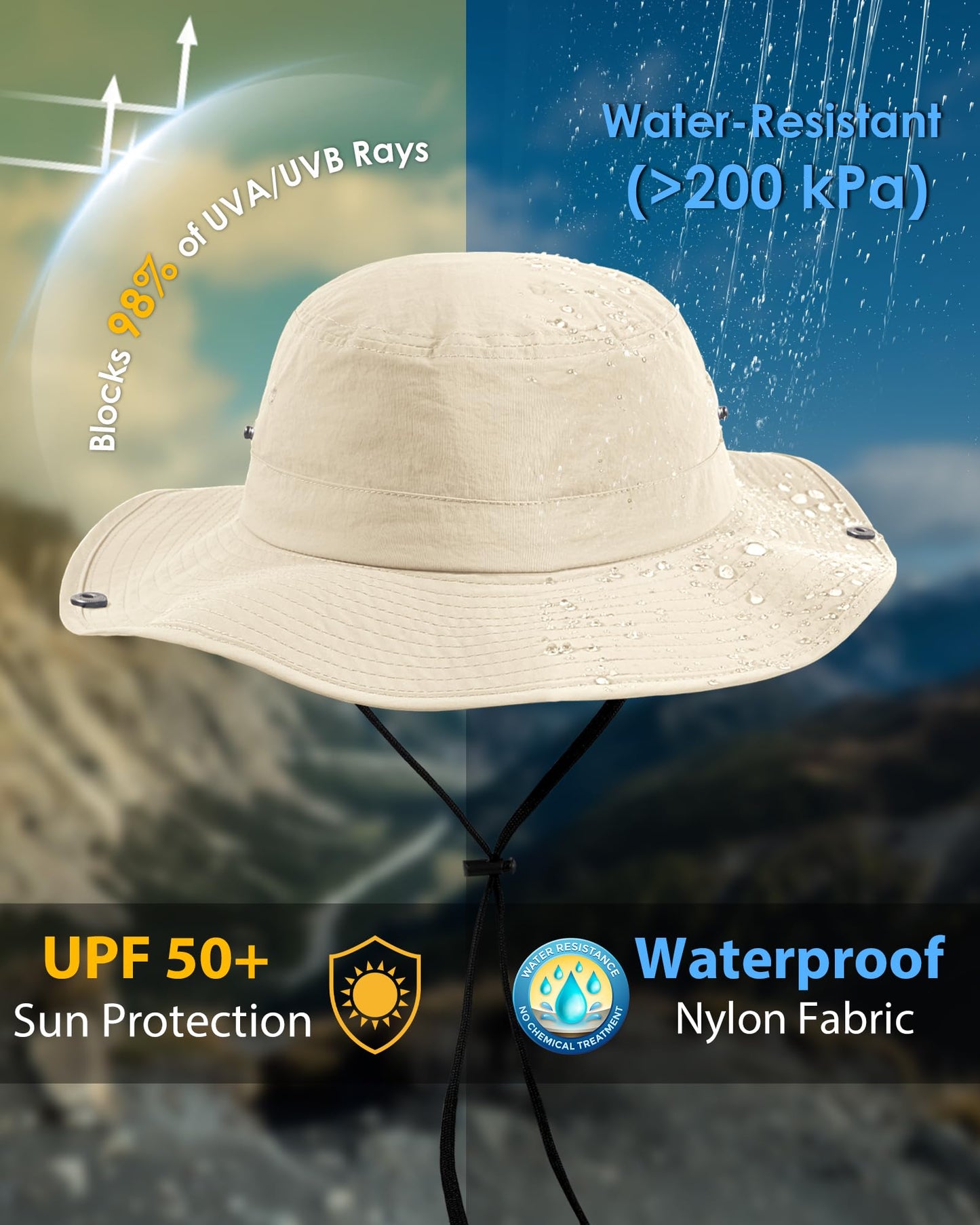 Women’s Sun Hat with Hidden Ponytail Opening, Wide Brim UPF 50+ Waterproof Nylon Bucket Rain Hat with Removable Chin Strap for Outdoor