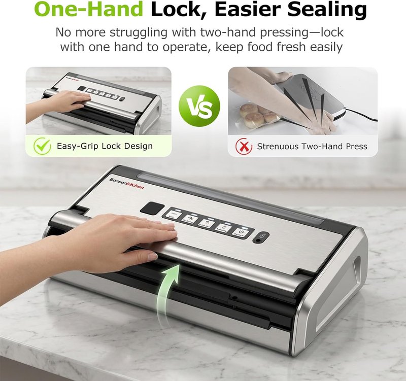 Bonsenkitchen Vacuum Sealer - One-Hand Operation Food Sealing Machine with Digital Timer & Built-In Cutter | Includes 1 Roll Bag & 10 Pre-Cut Bags