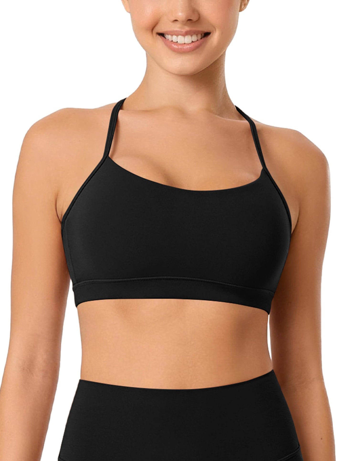 ODODOS Cloud Feeling Y Racerback Sports Bra for Women Wirefree Padded Strappy Yoga Bra, Black, X-Large
