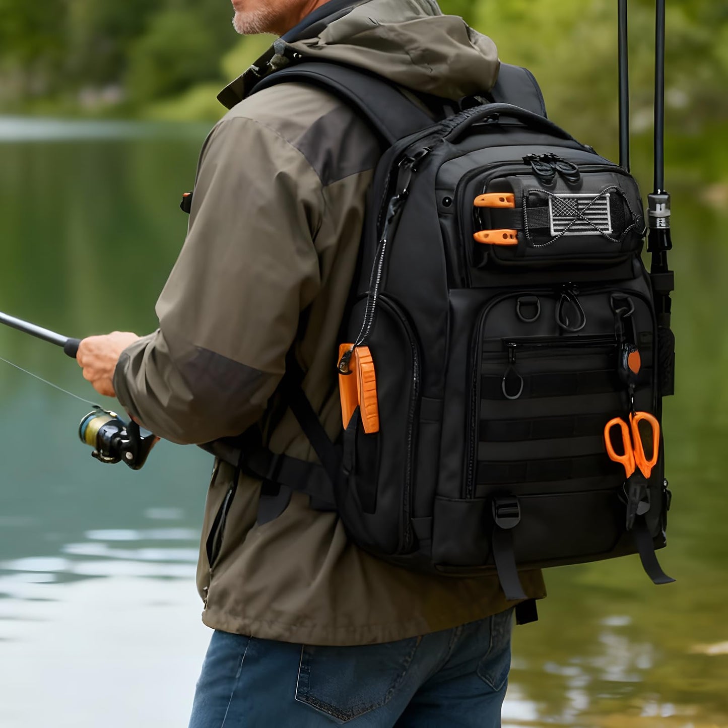 BAIXIXIG 50L Fishing Tackle Backpack with Removable Lure Wraps,2 Rod Holders Storage Fishing Gear and Equipment