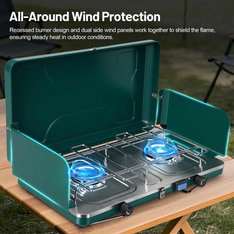 GOSPOWOR 2-Burner Propane Stove, Portable Camping Cooktop with 2 Adjustable Burner and Wind Guards, 20000BTU Camping Stove with Ignition & Griddle for Camping,Tailgating, BBQ, Grilling,Outdoor Gear