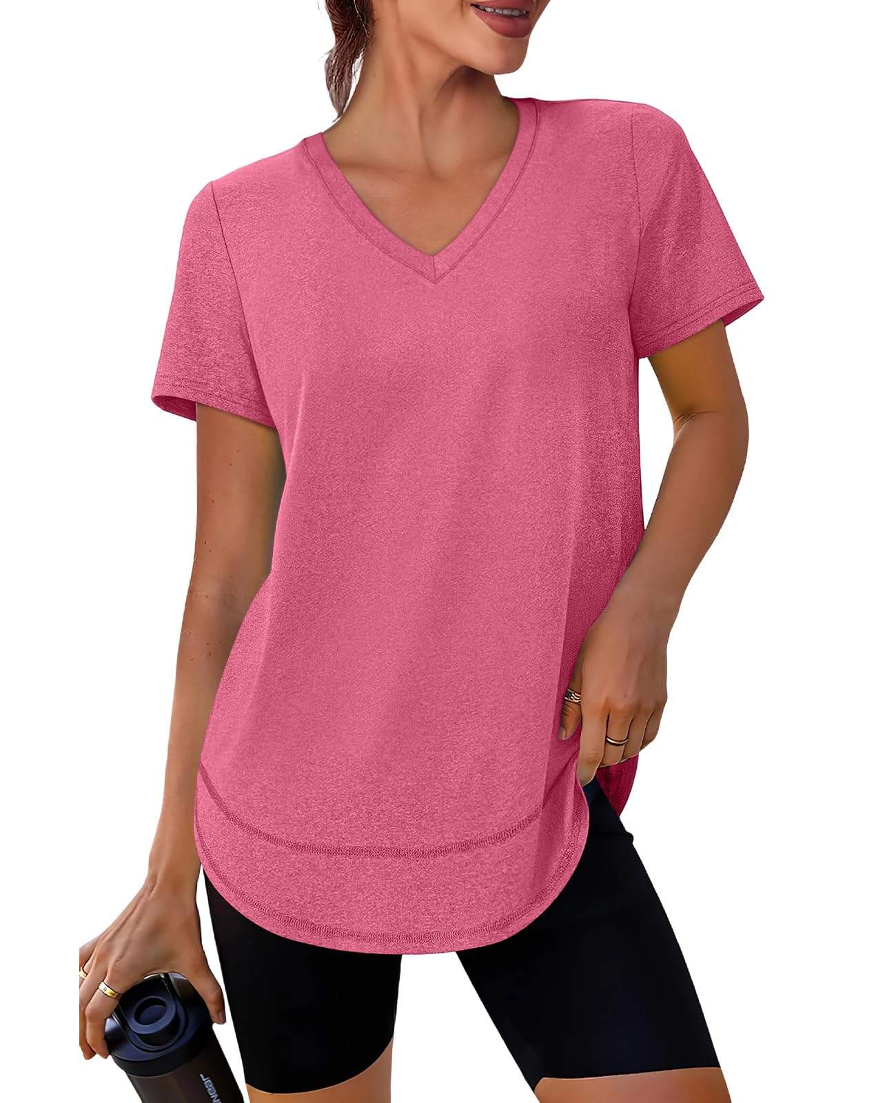 Workout Tops for Women Spring Summer Short Sleeve Golf Outfits Gym Essentials Activewear Running Shirts V Neck Red Pink S
