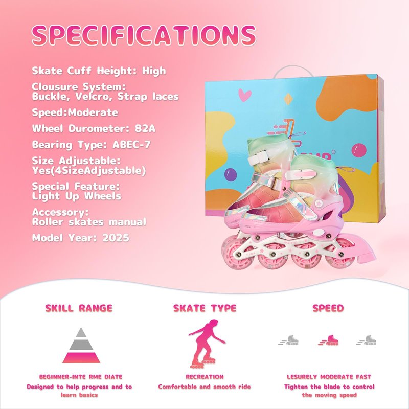 LEVYTEMP Kids Adjustable Inline Skates for Girls Size M Ages 5-12 Blades Skate with Outdoor All Light Up Wheels for Beginner Women