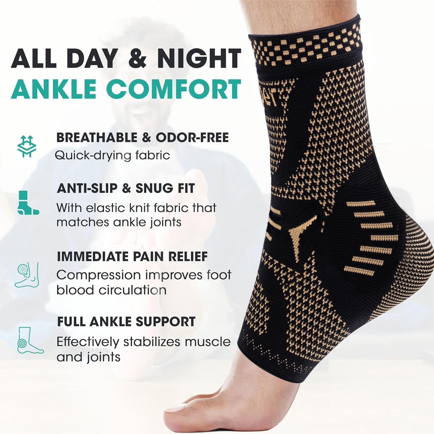 INDEEMAX Ankle Brace for Sprained Ankle Compression Sleeve, 2 Pack Copper Infused Ankle Support Brace for Women & Men, Plantar Fasciitis Relief Achilles Tendonitis, Sports Running, Copper Black, XL