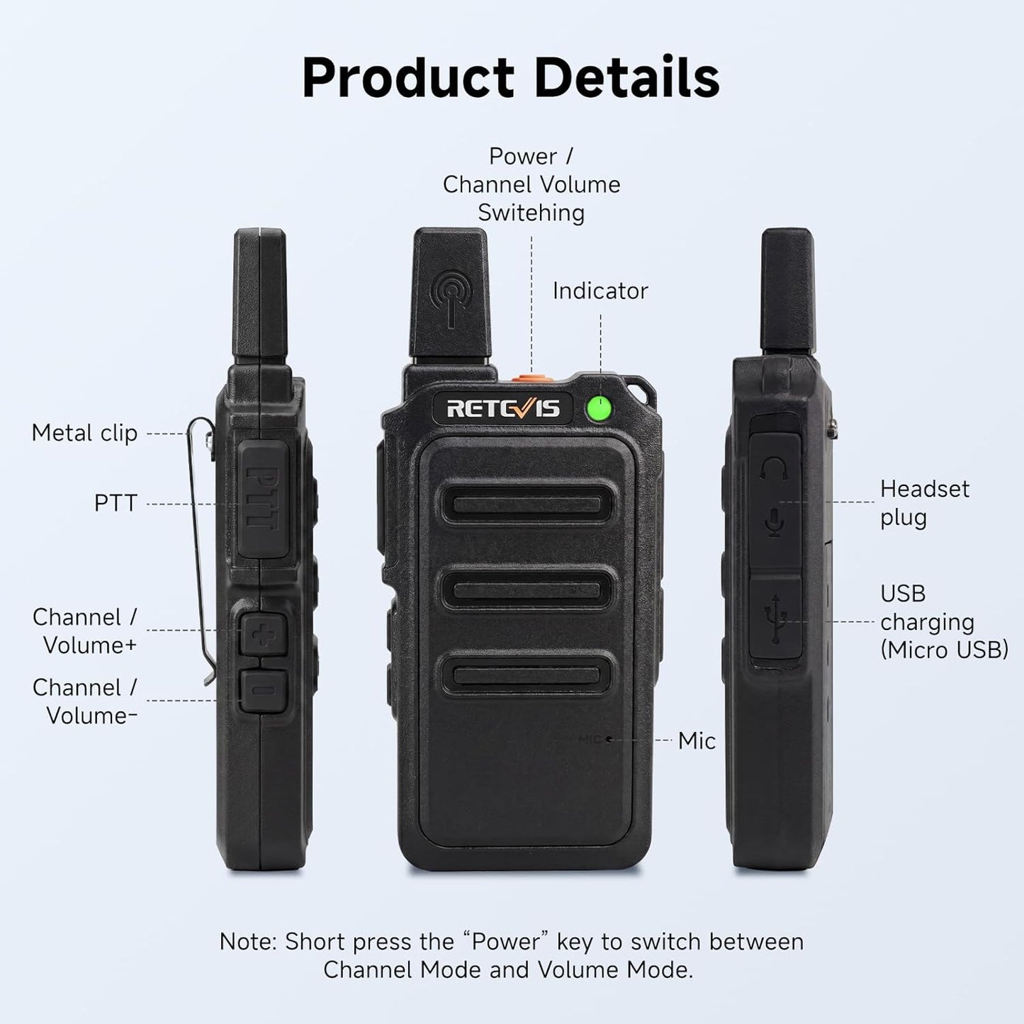 Retevis RT19 Walkie Talkie - Long Range 2 Way Radio with Earpiece & Mic | Compact Mini Design for Outdoor Use (4 Pack)
