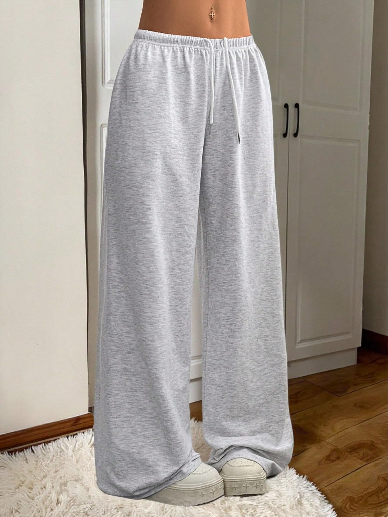 SOLY HUX Women's Baggy Sweatpants Drawstring Waist Wide Leg Loose Casual Long Pants Plain Light Grey Small