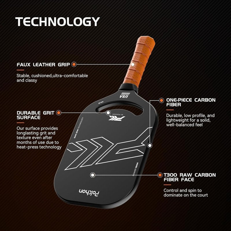 Pokhon Carbon Fiber Pickleball Paddle, Professional Raw Carbon Fiber Pickleball for Power & Control, Polymer Honeycomb Core, USAPA Approved T300 Pickleball Racket
