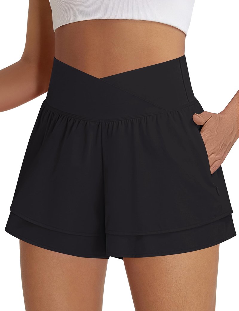 BMJL Womens Athletic Running Shorts High Waisted Crossover Workout Short with Pocket 3"(M,Black)
