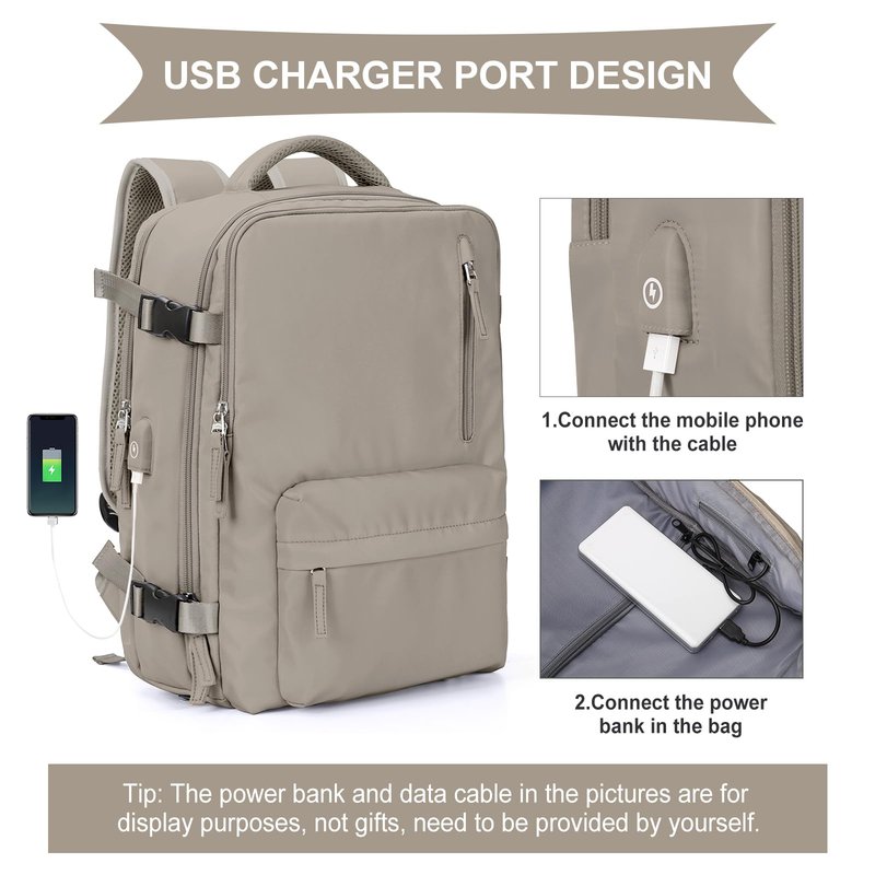 WONHOX Large Travel Backpack Women, Carry On Backpack, Hiking Backpack Waterproof Outdoor Sports Rucksack Casual Daypack with USB Charging Port Shoes Compartment, Grey Brown