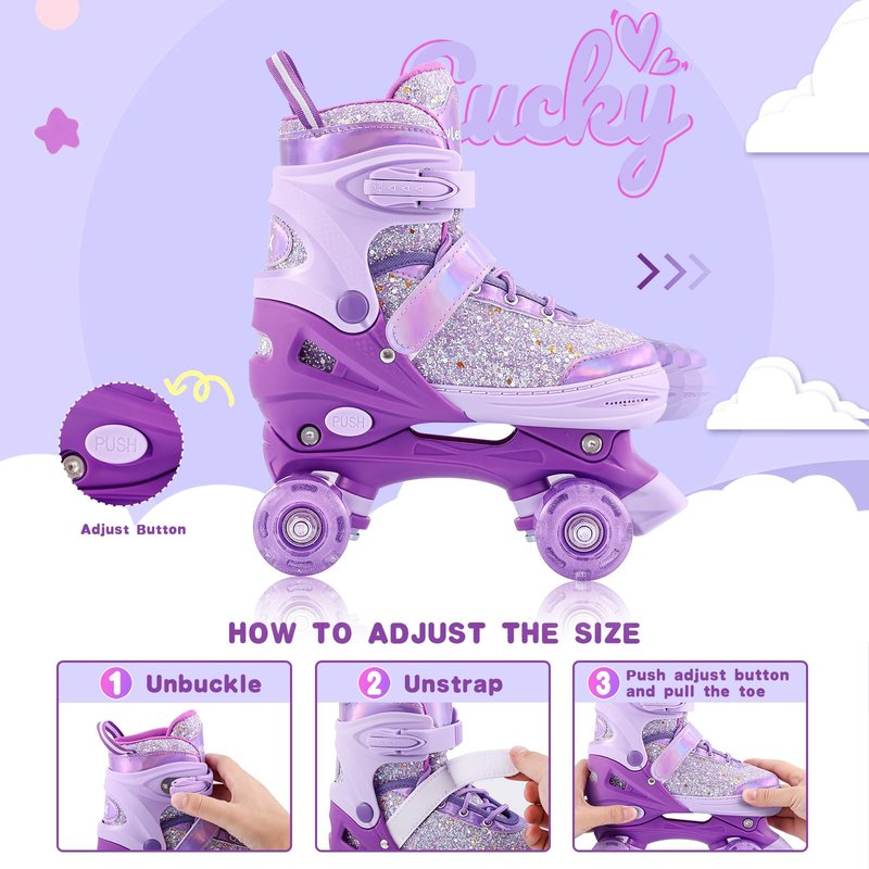 VleoX Roller Skates for Girls Kids Child Beginners, 4 Size Adjustable Light up Wheels Fun Illuminating Purple Pink Skates for Boys Toddlers Patines