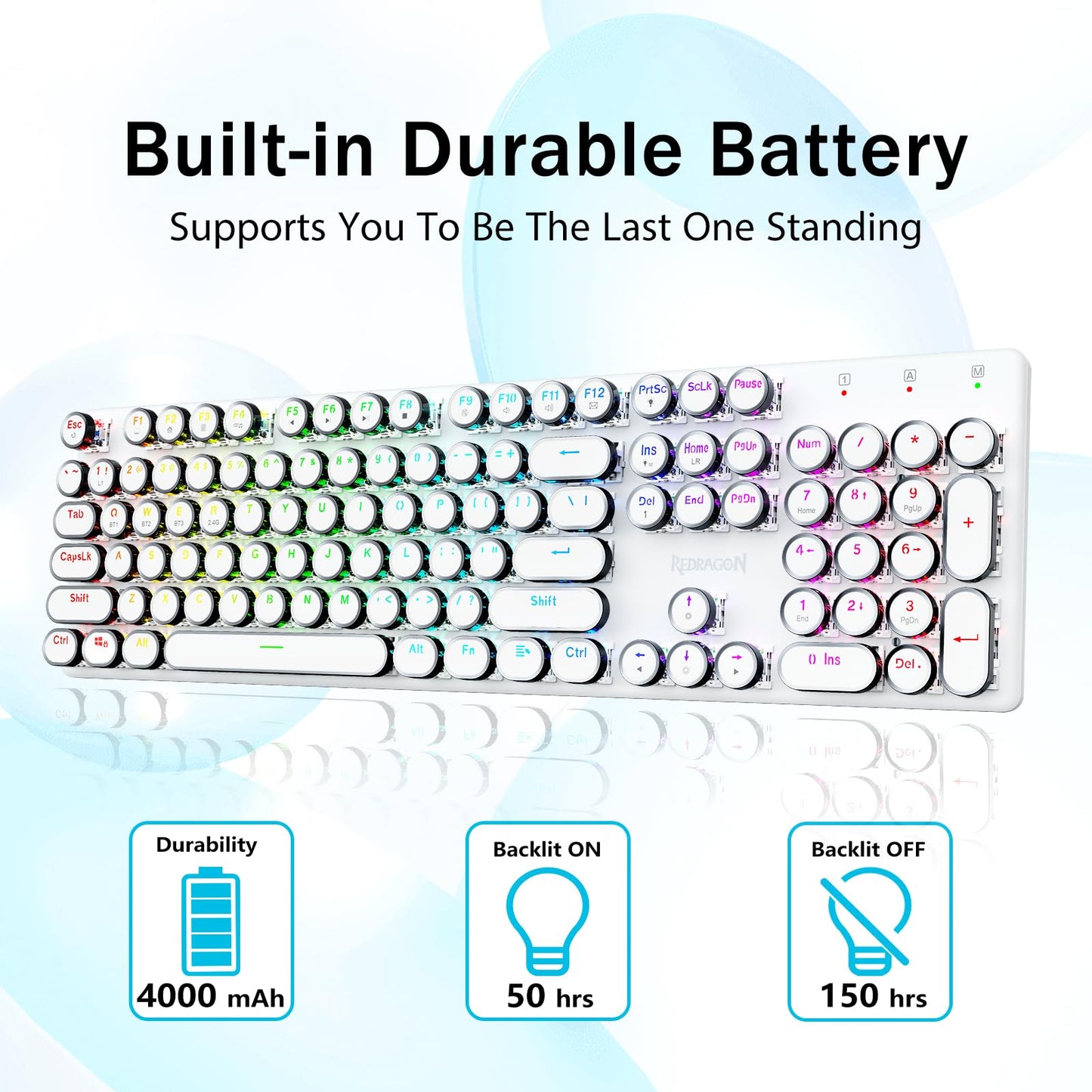 Redragon K710 Wireless Typewriter Mechanical Gaming Keyboard, Bluetooth/2.4Ghz/Wired, RGB LED Backlit, Blue Switch - Clicky, Rechargeable, Solid Metal Panel, Round Keycaps, White