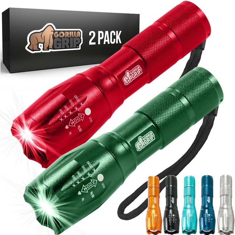 Gorilla Grip LED Tactical Flashlight - Water Resistant, Ultra Bright | 2 Pack in Red & Hunter Green, 750 FT Range