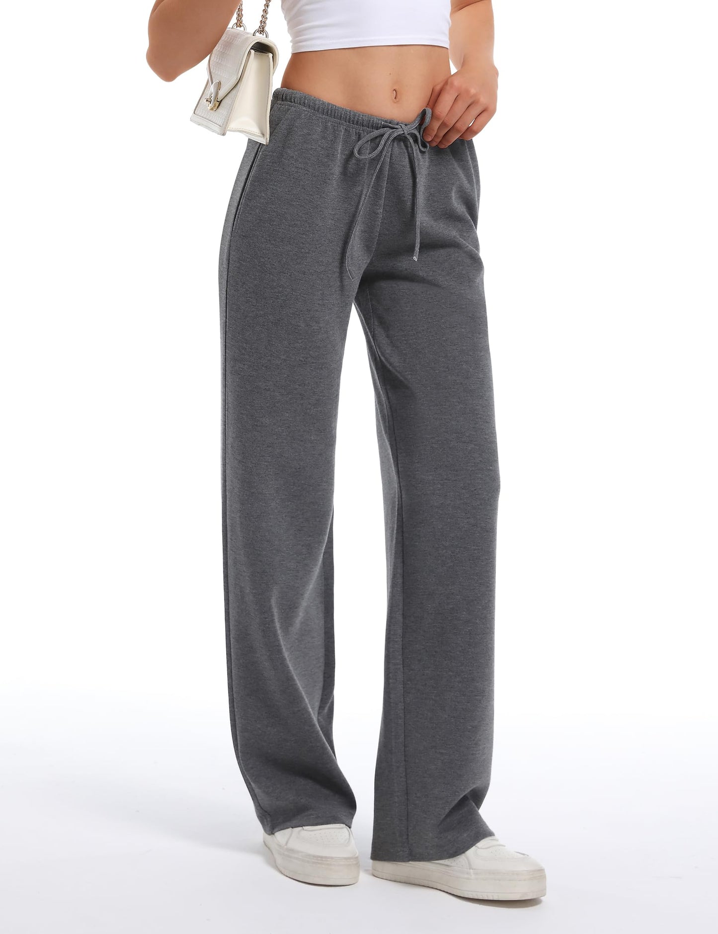 HeSaYep Women's Wide Leg Sweatpants Straight Leg Lowrise Sweat Pants Drawstring Elastic Low Waist Pants with Pockets, Dark Grey S