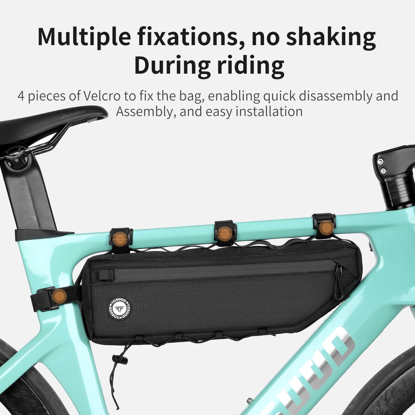 TOSUOD 3L Large Bike Frame Bag, 7" Phone Fit – 4-Point Anti-Sway Straps Secure Mount, Waterproof 600D Fabric, Full-Side Zipper Quick Access, Tool-Free Install, Universal MTB/Road/Gravel/E-Bike Storage