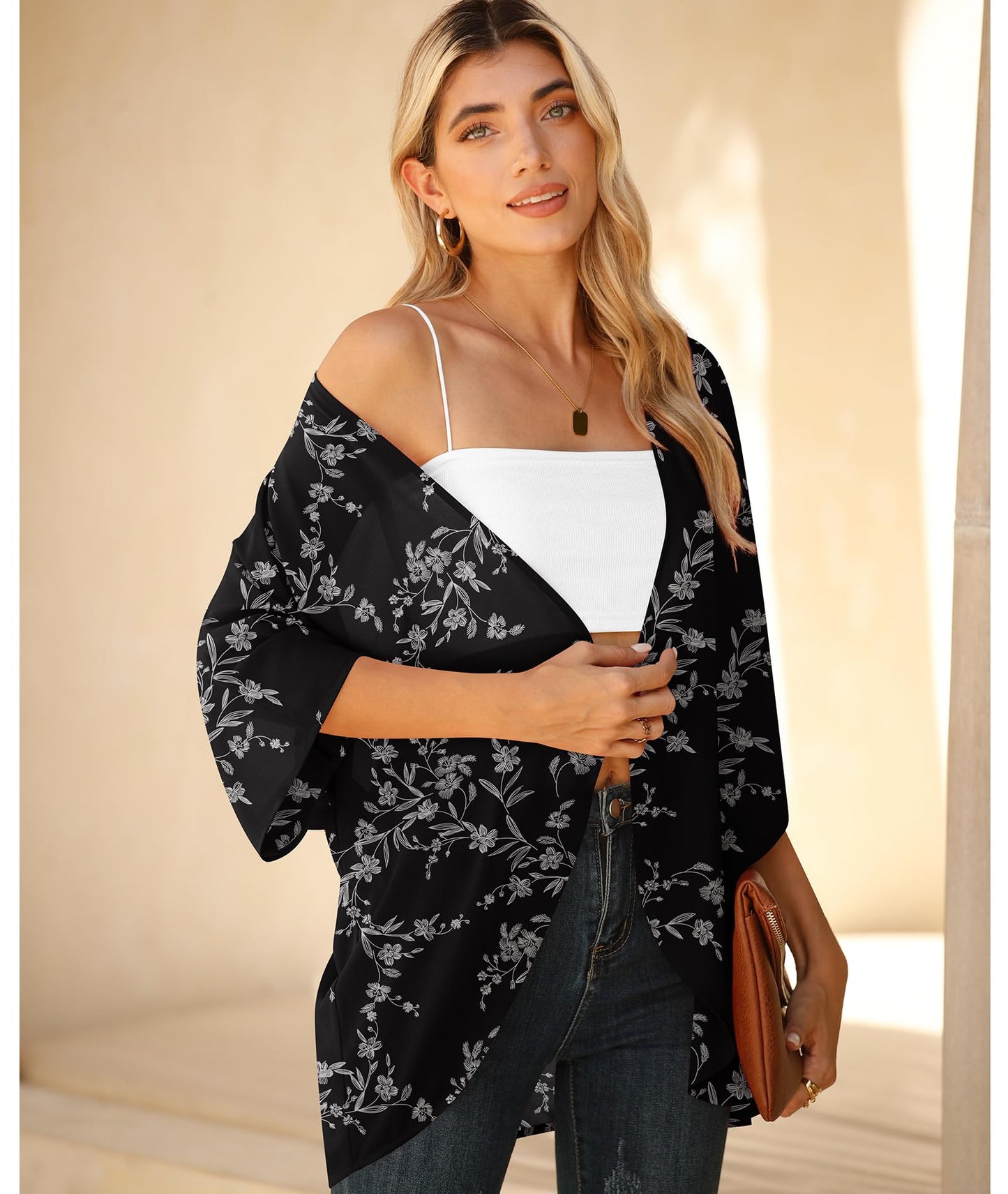 LILBETTER Womens Floral Chiffon Kimono Cardigans Loose Beach Cover Up Half Sleeve Tops(Black Leaves Medium)