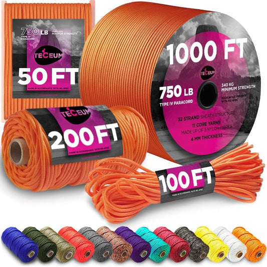 Paracord Rope 750 lb | Durable Nylon Utility Cord for Camping & Survival - 1000ft, 200ft, 120ft, 100ft, 50ft Options - 35+ Color Choices