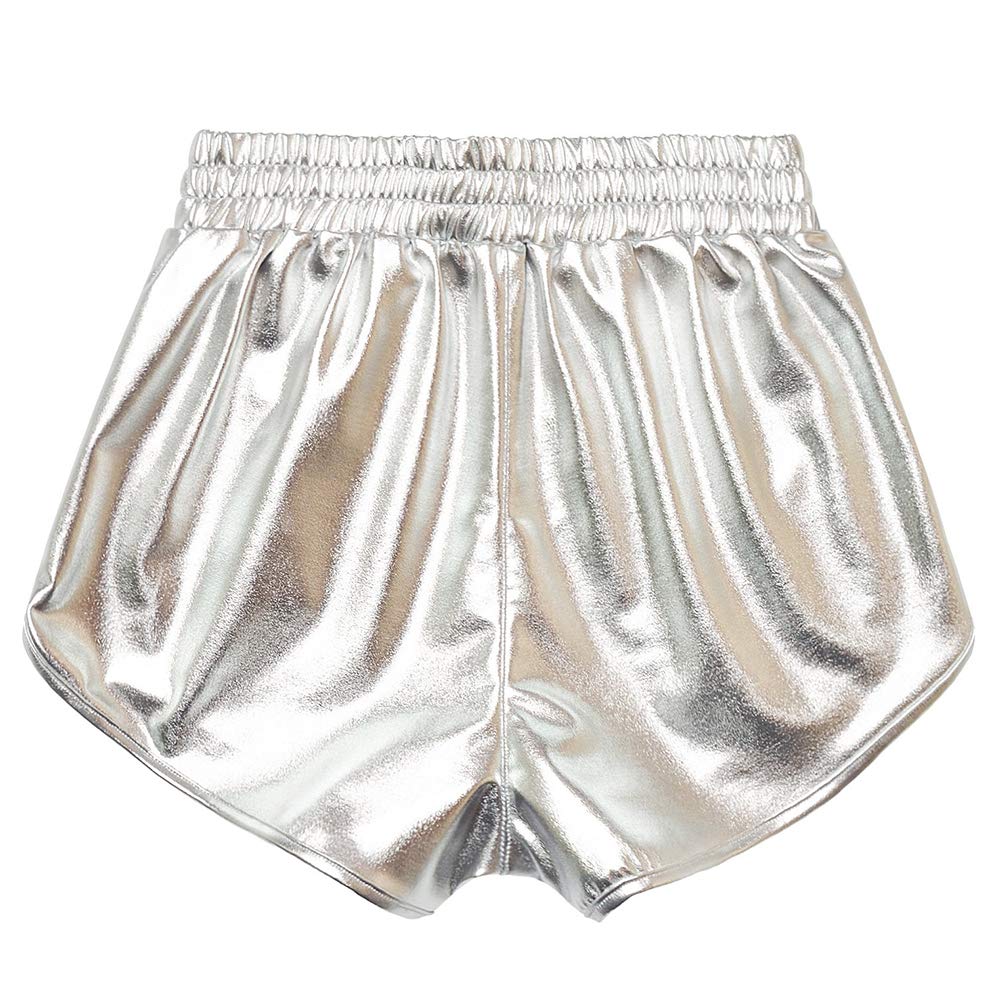 MAKARTHY Women's Metallic Shorts Elastic Waist Shiny Sparkly Rave Pants (Medium, Silver)