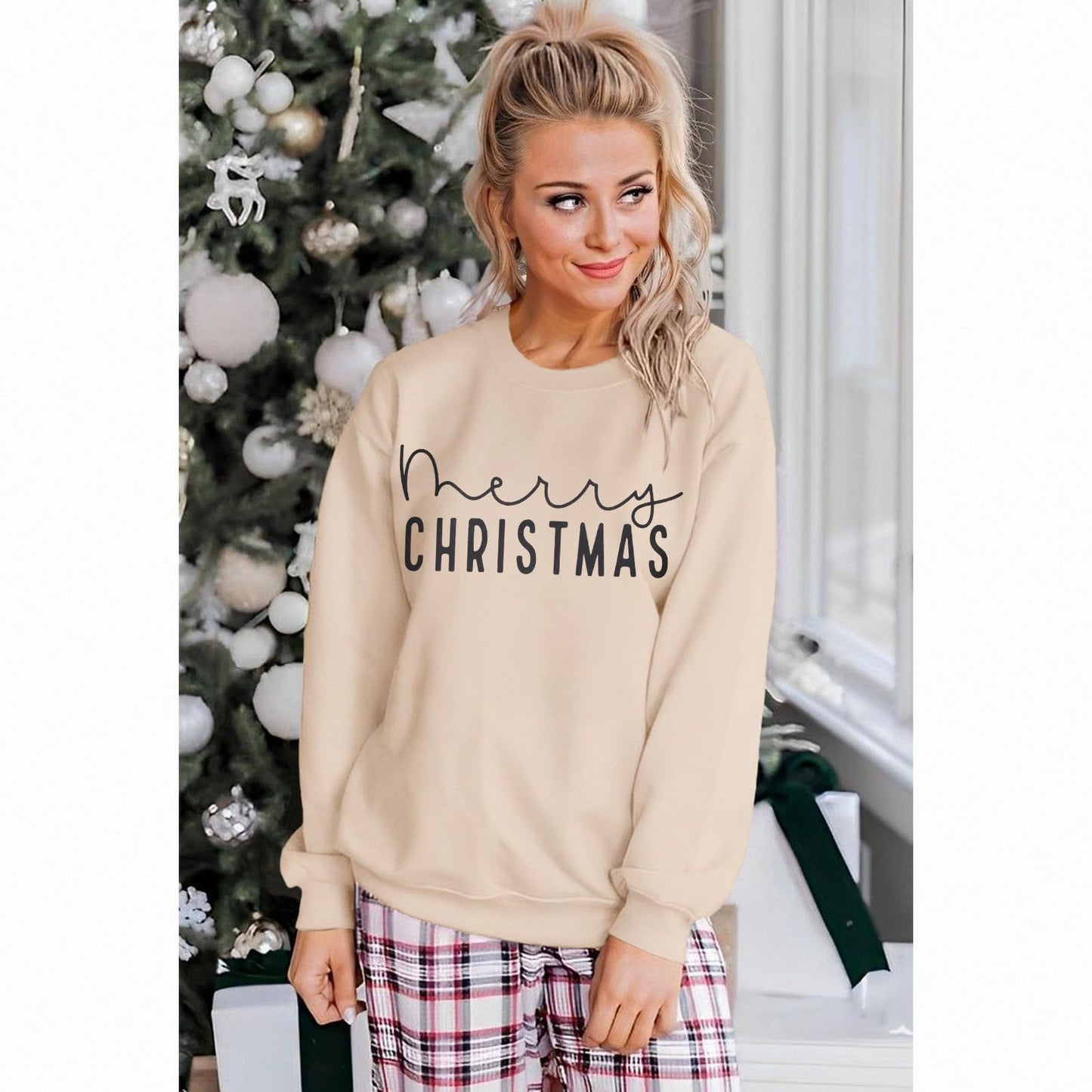 CM C&M WODRO Merry Christmas Sweatshirt Women Crewneck Xmas Holiday Sweater Shirt Winter Long Sleeve Oversized Pullover Tops(Apricot,XLarge)