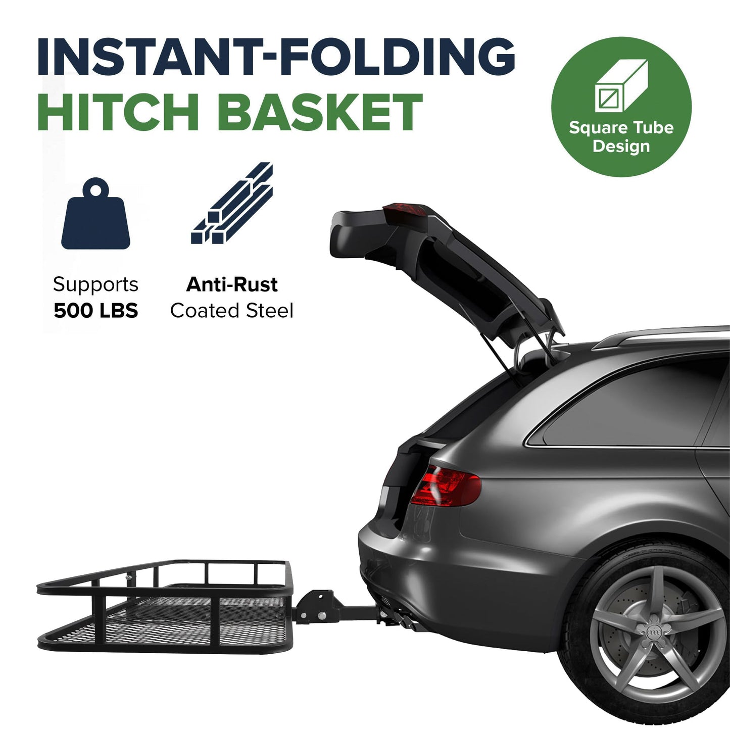 ARKSEN 60 x 25 x 6 Inch Folding Cargo Rack Carrier with Cargo Bag & Net, Stabilizer & 2 Straps 500 Lbs Heavy Duty Capacity 2 Inch Receiver Luggage Basket Hitch Fold Up for SUV Pickup Camping Traveling