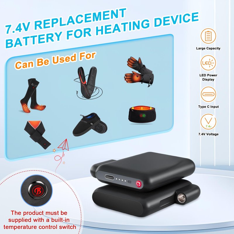 RTDEP 1 Pair Rechargeable Lithium Polymer Battery, 7.4V Replacement Batteries for Heated Socks, Heated Gloves Battery Pack, Heat Slippers Extended Batteries