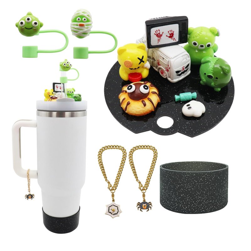 Lid Name Plate Topper for Stanley Cup 40 oz，Including Boot, Silicone Straw Topper Cover Cap, Lid Charms，Cup Chain (Halloween-B)
