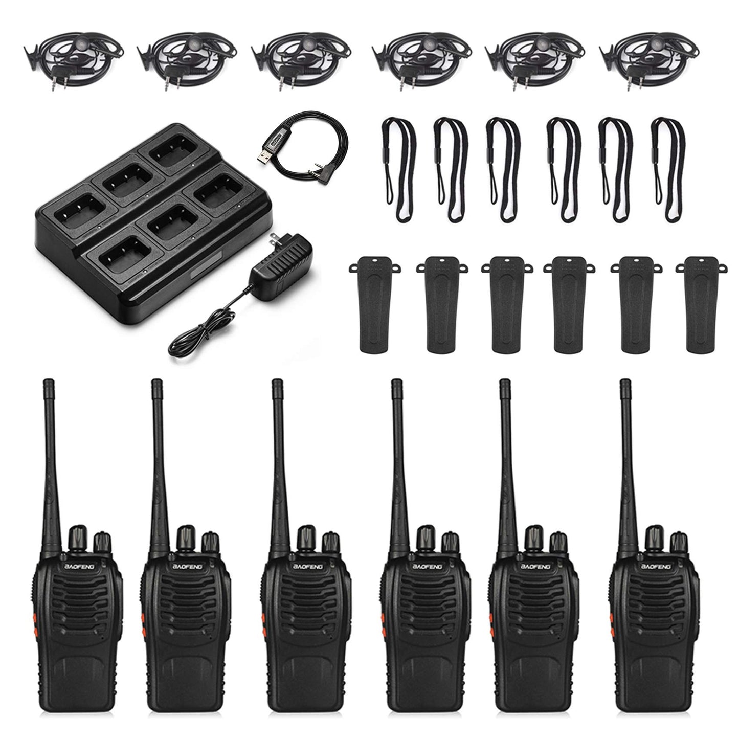 6pcs BAOFENG BF-888S Walkie Talkie for Adults, Long Range Two Way Radio, 1500mAh 16 CH, 6 Radios 6 Earpieces 1 Six-way Charger 1 Cable